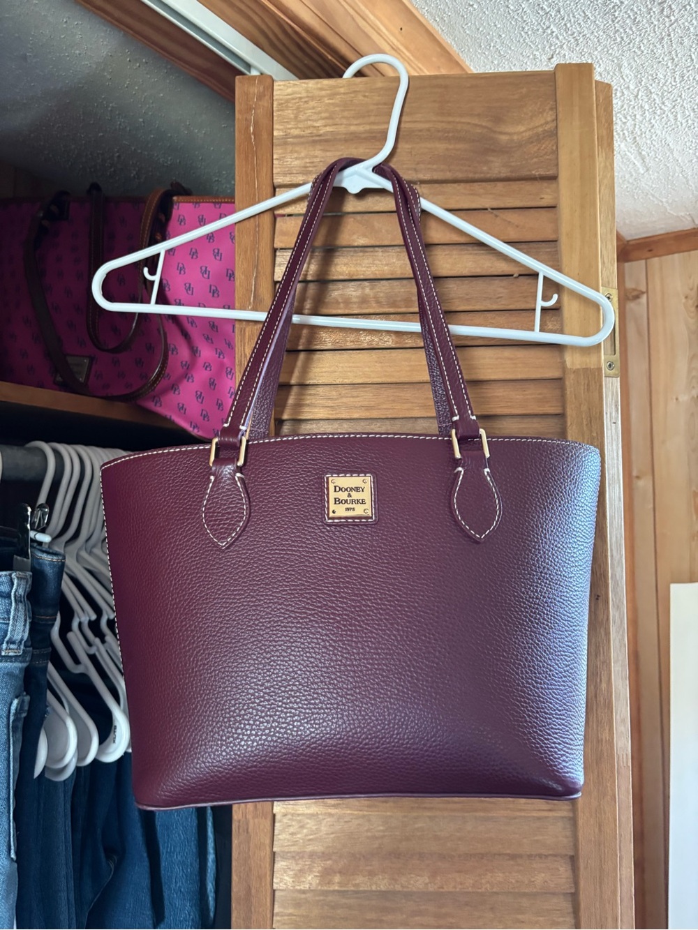 Dooney & Bourke Wine Pebbled Leather Tote with Gold Logo